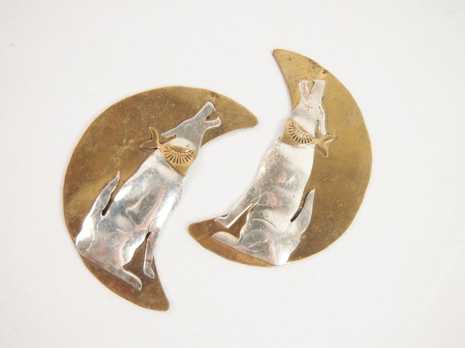 Metal Art Howling Dog Moon Pendant Pair Vintage Jewelry