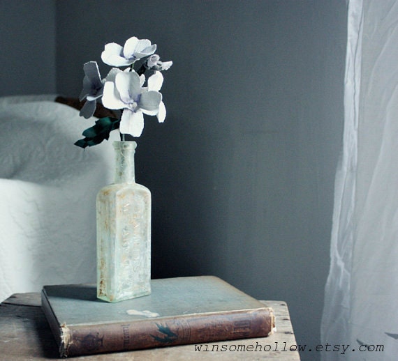 dame's rocket (hesperis matronalis). hand painted textile flower spray in antique medicine bottle.  ready to ship