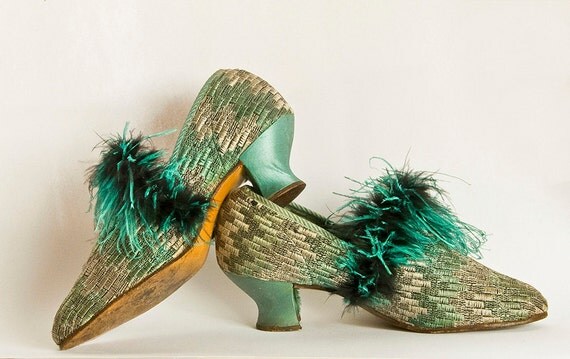 Art Deco Shoes - Ostrich Feather Trim High Vamp 1920s Size 4 English