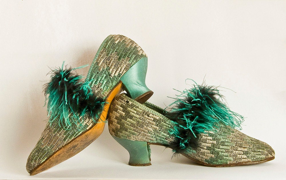 Art Deco Shoes - Ostrich Feather Trim High Vamp 1920s Size 4 English