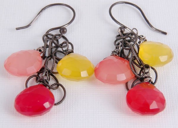 Dangle Earrings Pink Yellow Orange Fruit Cocktail Oxidized Sterling Summer Jewelry Gifts for Her Mom