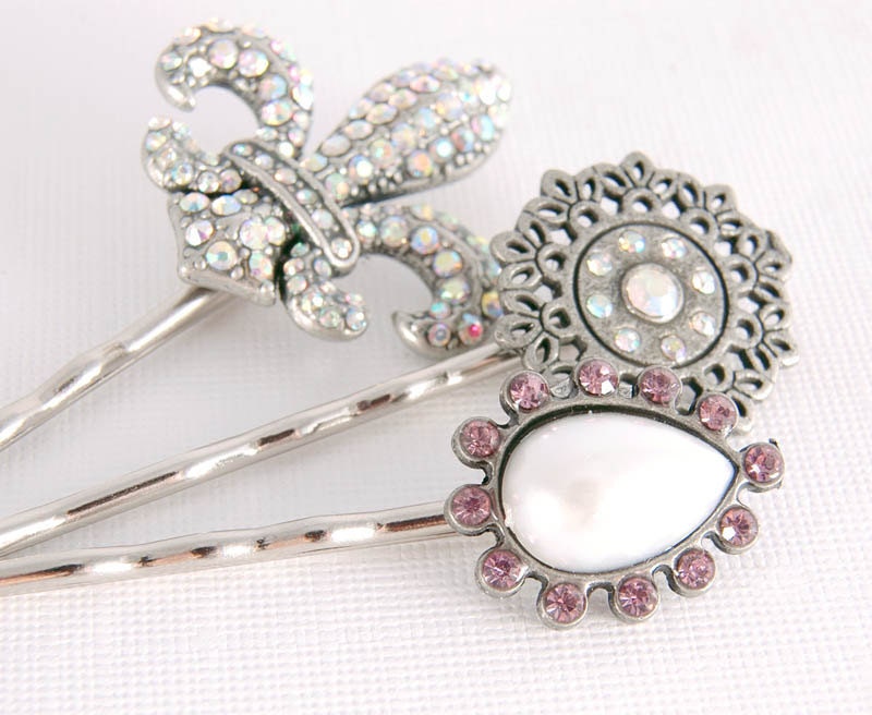 Hair Pins Fleur di Lis Silver Crystals Filigree Victorian Bridal Spring Jewelry Accessories Gift for Her Under 20 - LAST PAIR