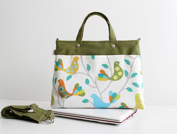 SALE Mini Laptop Bag in Olive Green Little Rainbow Birds / Macbook / Ipad / Outside Pocket
