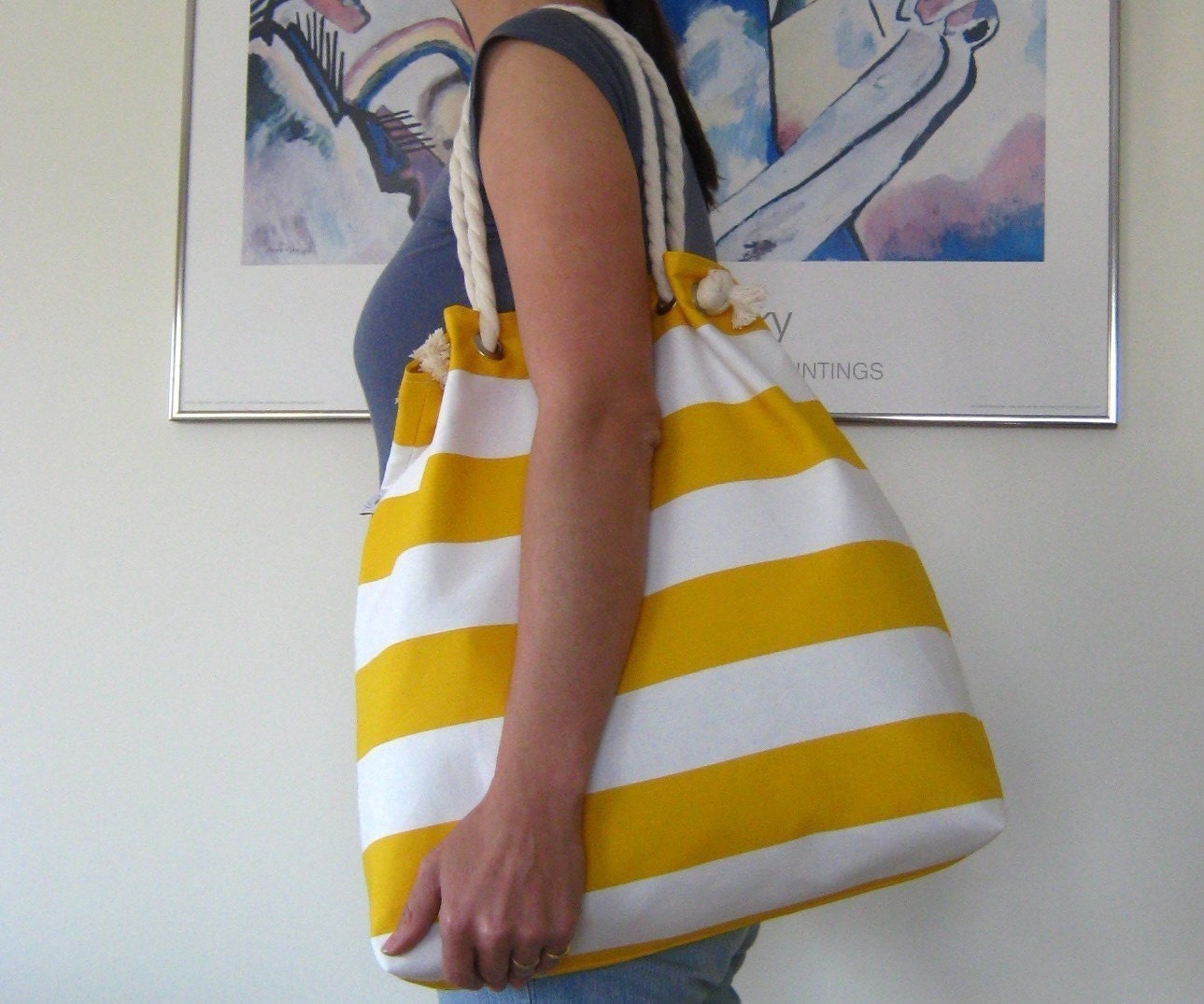 Sailor Tote Bag --for market or beach or gym-- -red and white striped, X-Large and cotton rope straps-