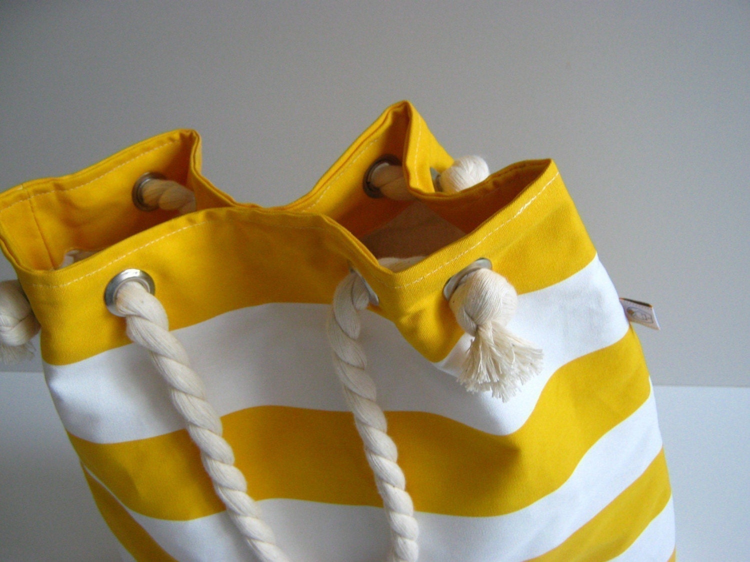 Sailor Tote Bag --for market or beach or gym-- -yellow and white bold striped, X-Large and cotton rope straps-