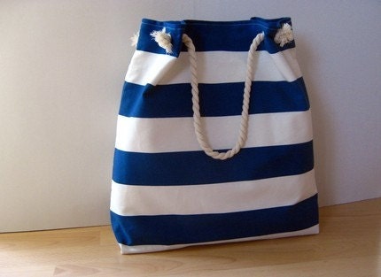 Sailor Tote Bag --for market or beach or gym-- -yellow and white bold striped, X-Large and cotton rope straps-