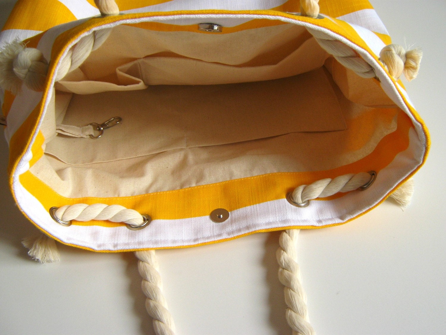 Sailor Tote Bag --for market or beach or gym-- -yellow and white bold striped, X-Large and cotton rope straps-