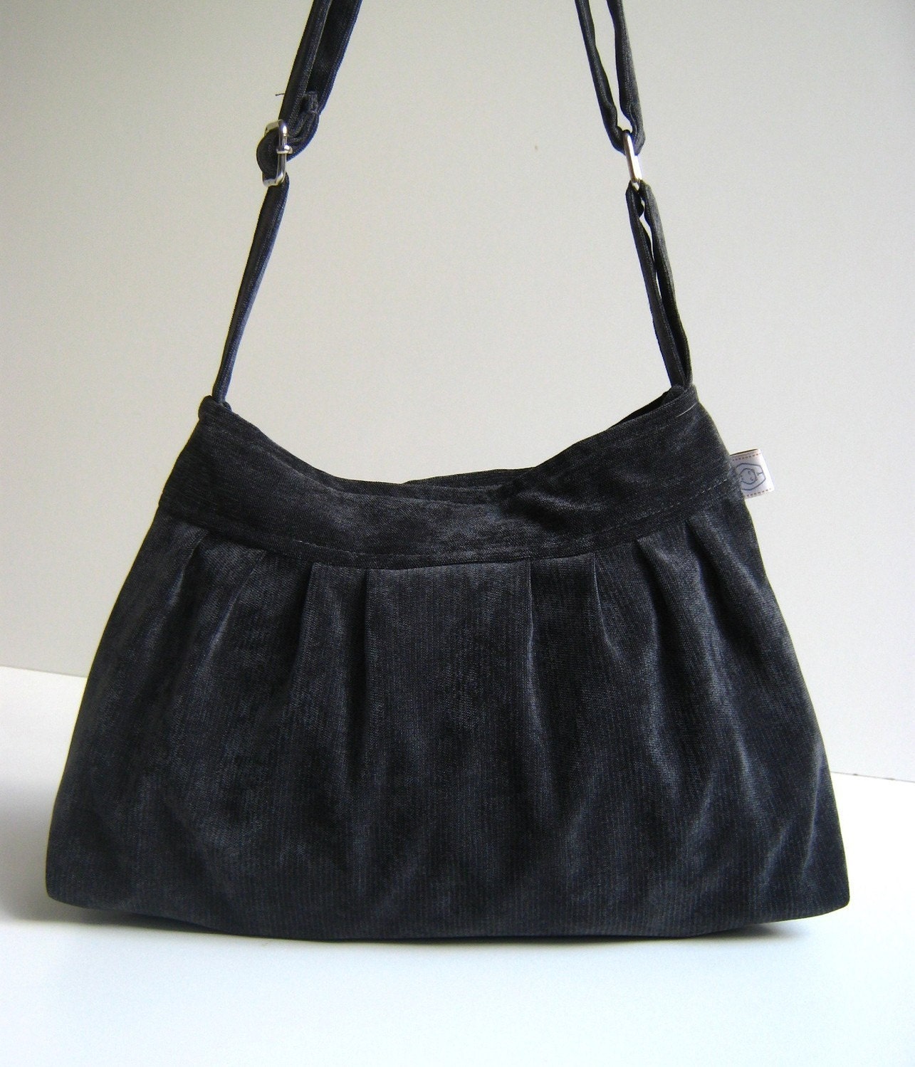Perry in Silver Black Velvet -Small- --adjustable strap and top ZIPPERED CLOSURE --
