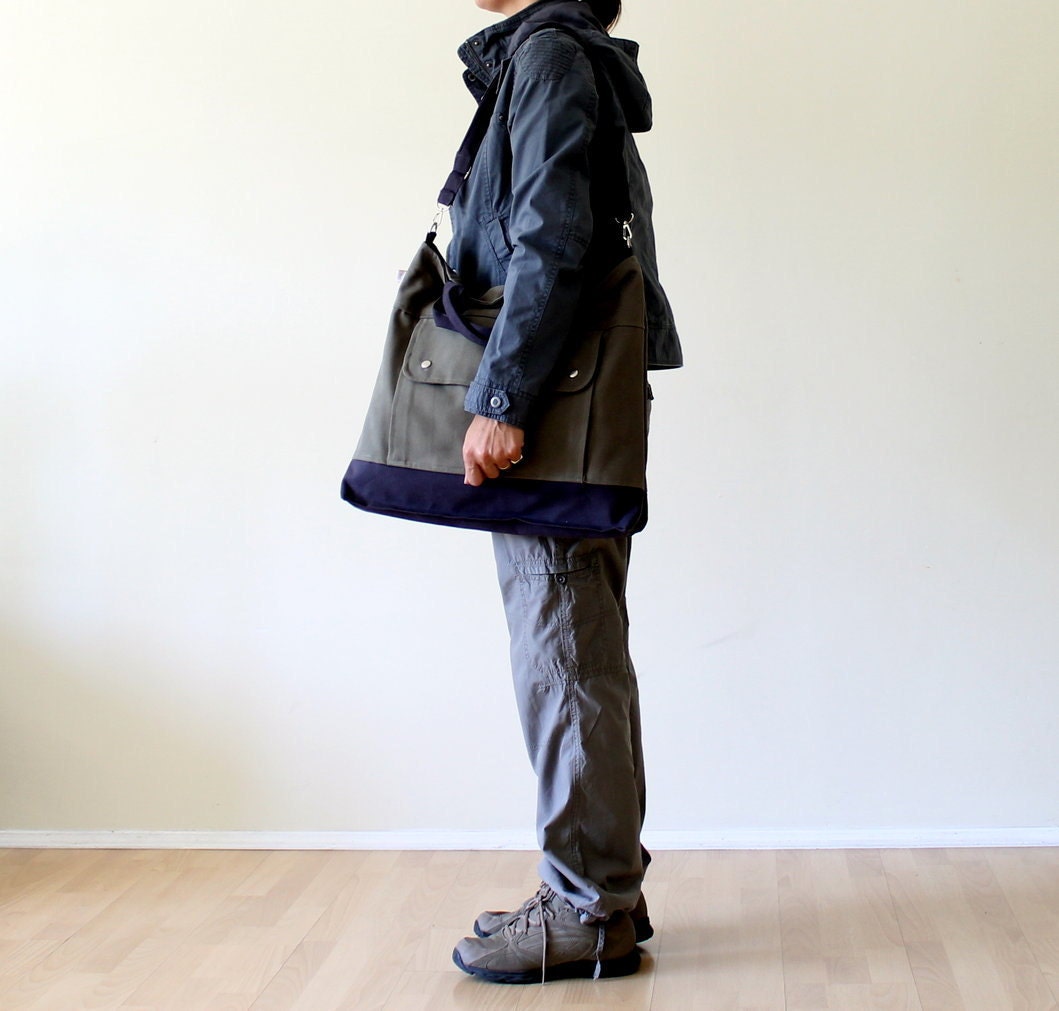 Men - Project Messenger Bag in Olive Grey with dark Navy - UNISEX BAG / Tote Bag / For her / For men / For women / For him / under 50