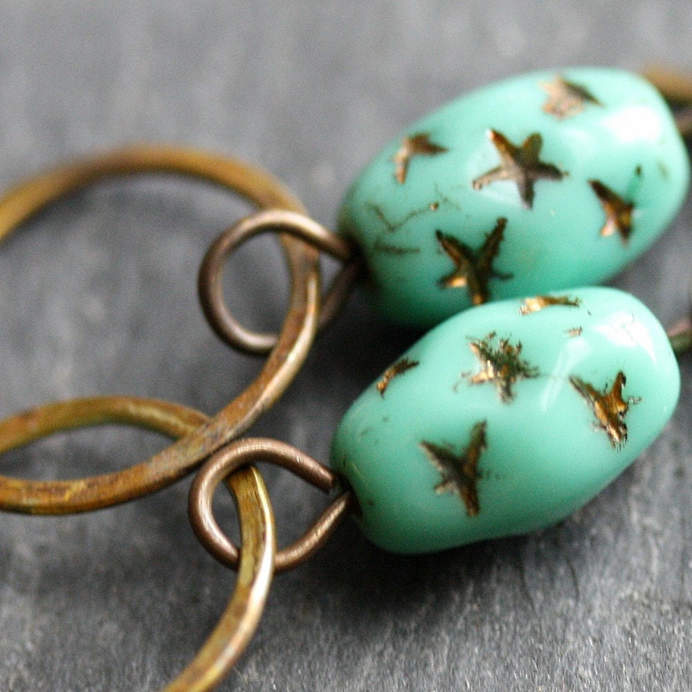 Aqua Star Drop Earrings with Vintage Glass Beads - Little Star Earrings