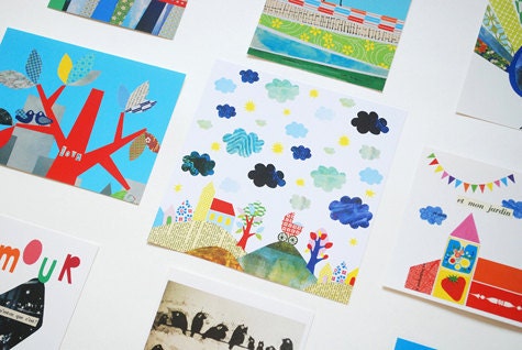 Large set of 18 colorful postcards