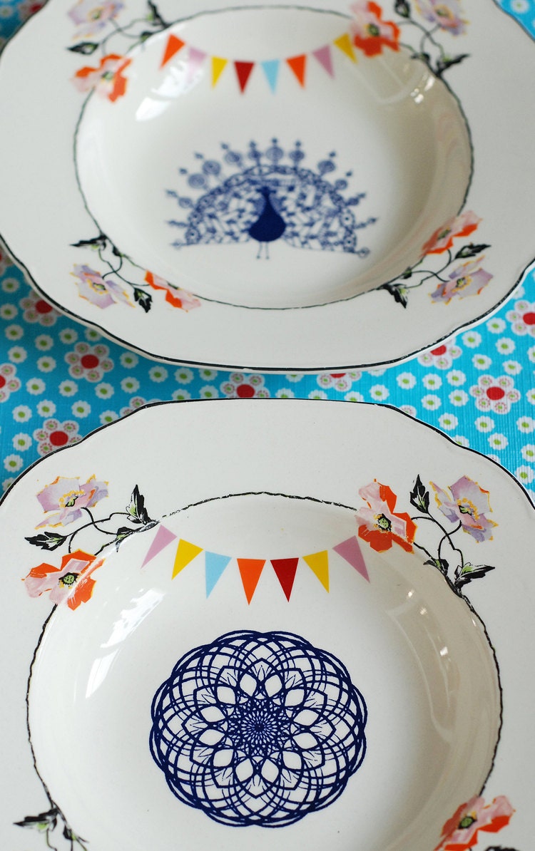 SALE The peacock, flowers and bunting plate