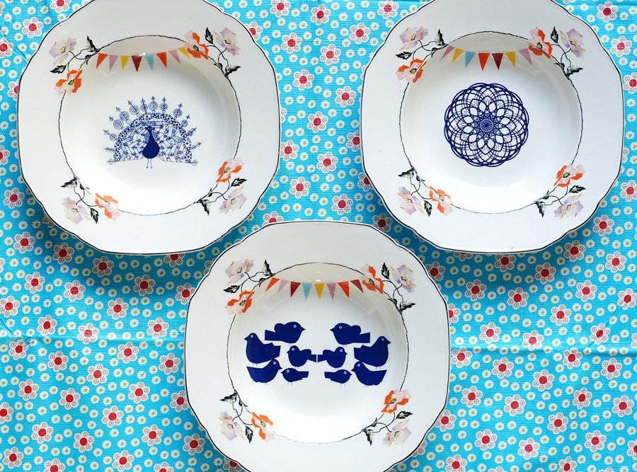 SALE The peacock, flowers and bunting plate