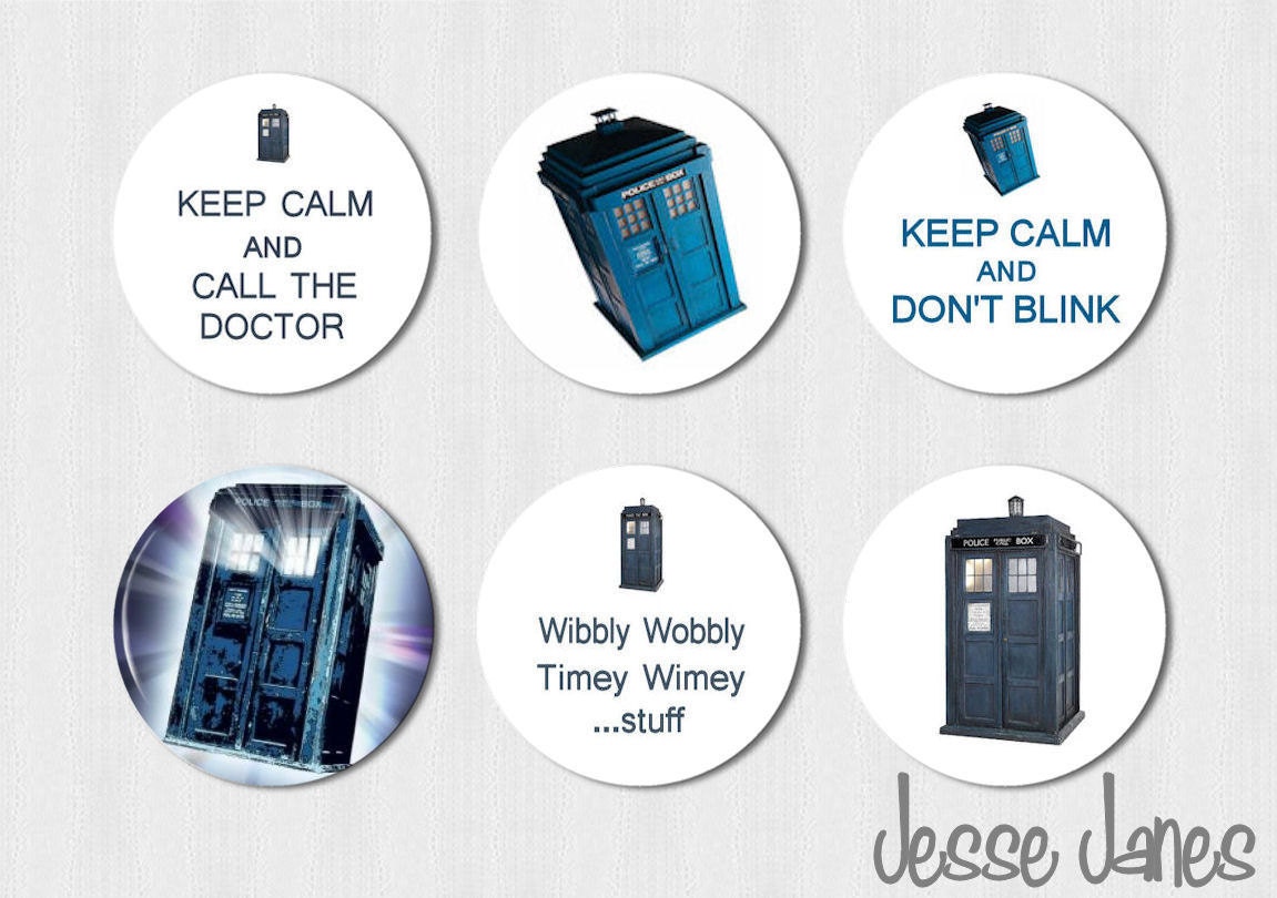 DOCTOR WHO - Tardis - set of 6 pin back buttons, flatbacks or magnets - please specify during checkout - magnets fit Magnabilities