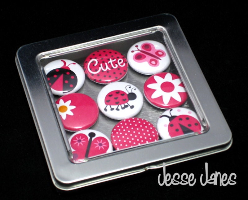 Refrigerator Magnets - LADYBUG Pinks - Set of 9 Button Magnets with Window Top Tin - ready for gift giving