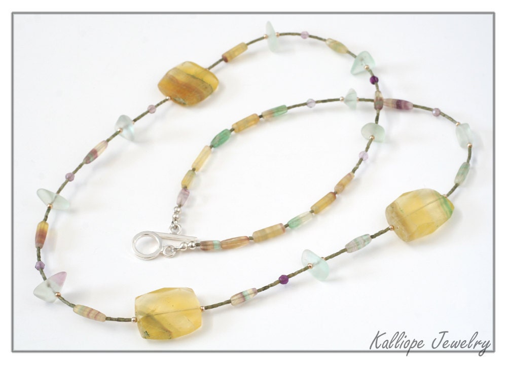 long beaded necklace strand rainbow fluorite jade chunky statement necklace colorful boho jewelry lemon yellow stones spring green SALE