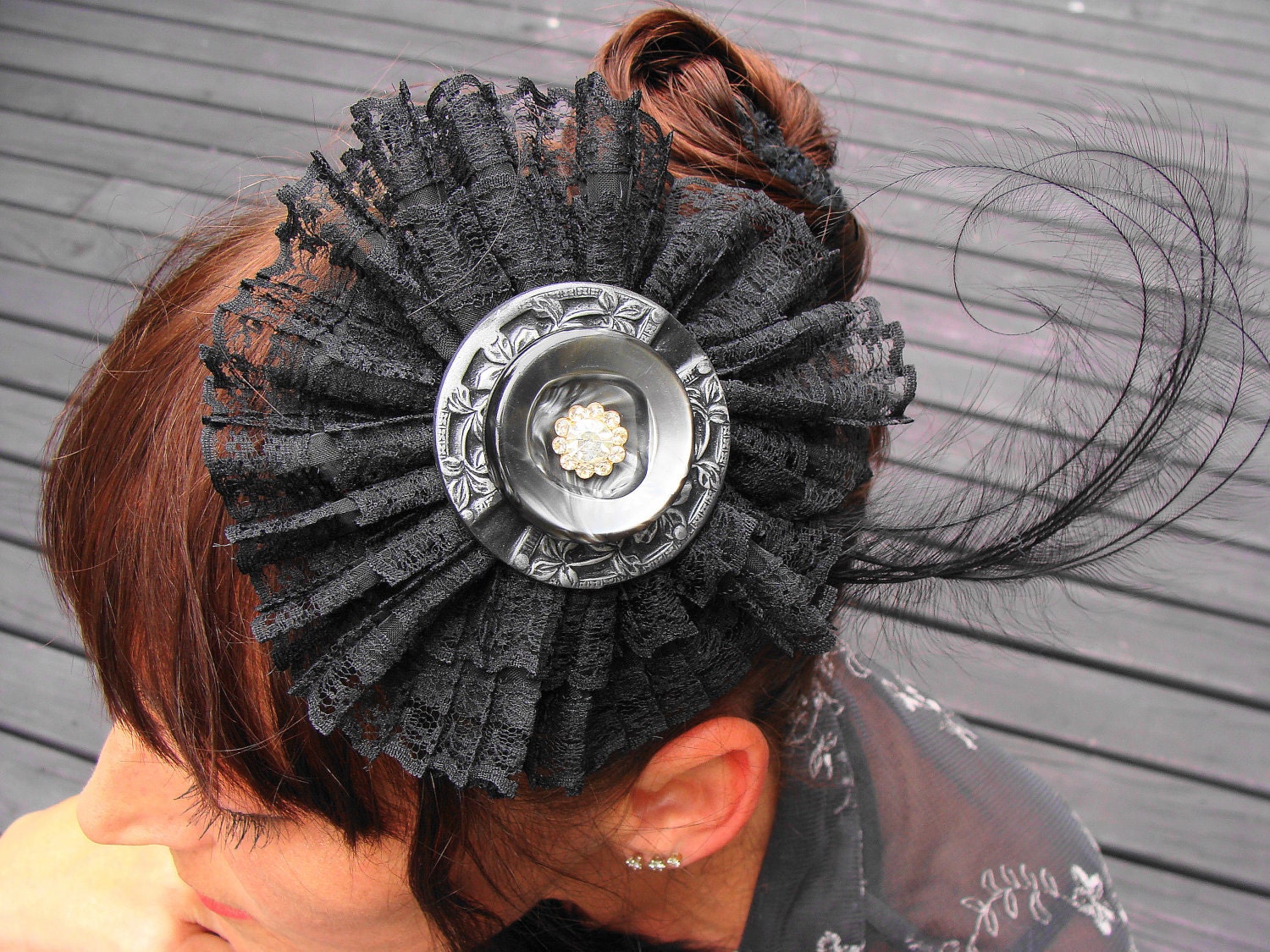 Fascinator, Hair Piece, Black, Hair Comb,Feather,  Vintage Buttons, Lace, Statement, Cocktail Hat