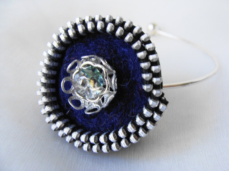 Felt Zipper Bracelet with Crystal Center Indigo Sapphire Blue
