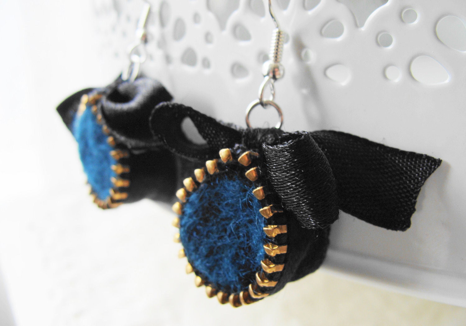 Felt  Earrings, Bow Earrings, Zipper Earrings, Teal Earrings, Lolita, Fashion Earrings,
