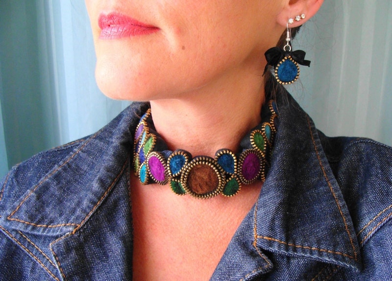 Felt Necklace, Zipper Necklace, Statement Necklace, Multi Color, Handmade, Felted Wool, Recycled, Vintage Zippers