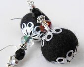 Felt Crystal Earrings Felted Black Wool
