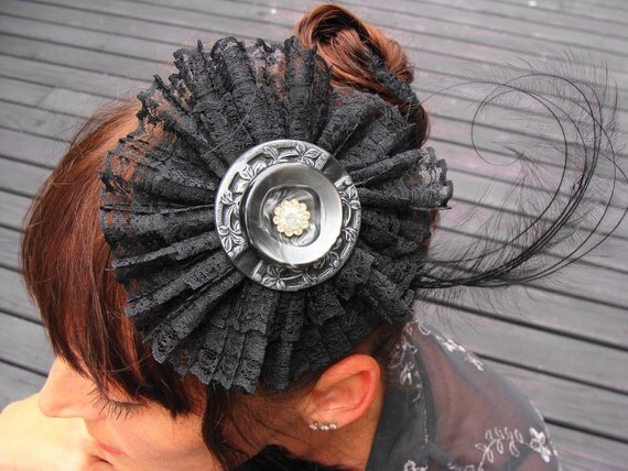 Fascinator, Hair Piece, Black, Hair Comb,Feather,  Vintage Buttons, Lace, Statement, Cocktail Hat