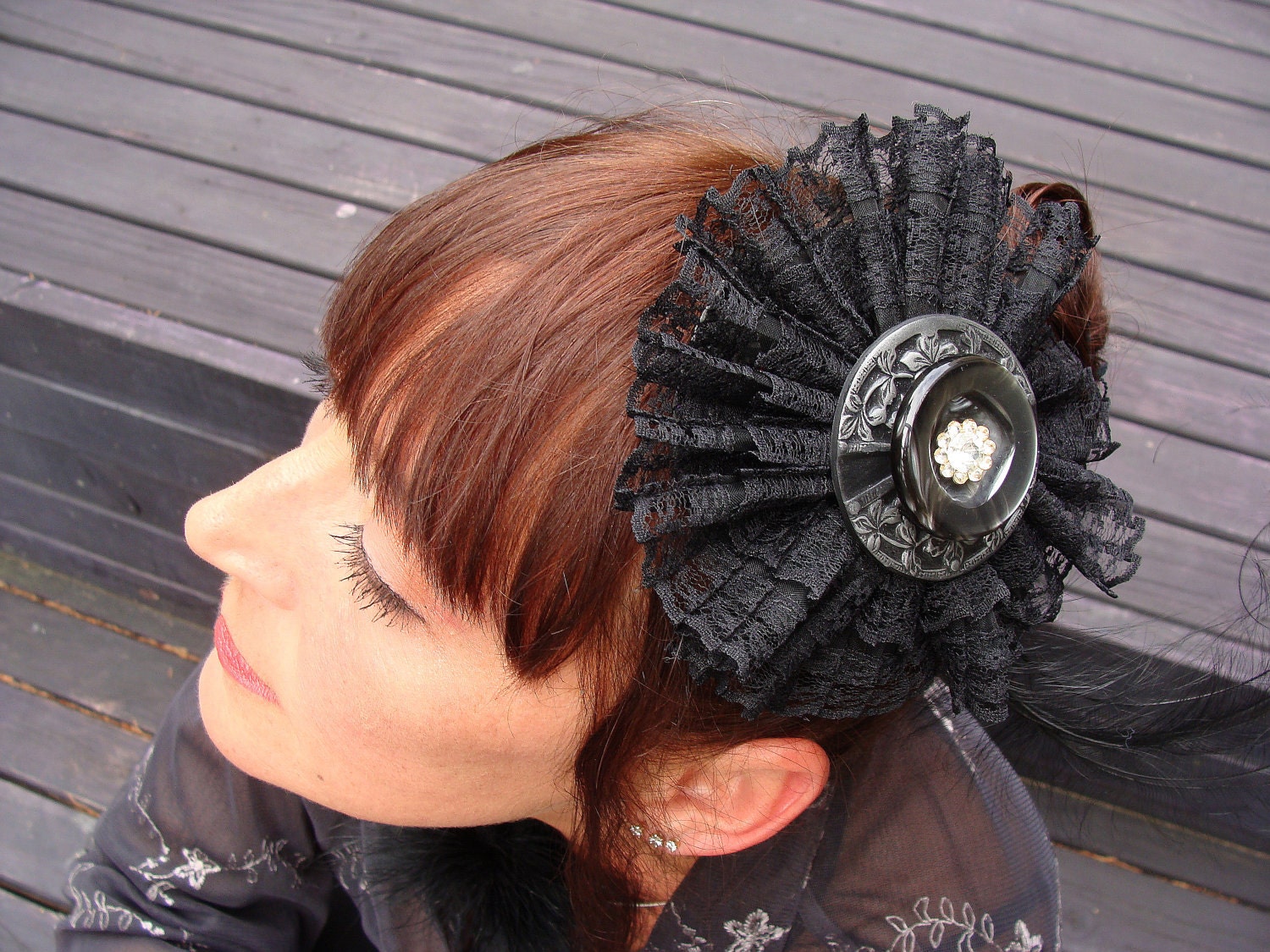 Fascinator, Hair Piece, Black, Hair Comb,Feather,  Vintage Buttons, Lace, Statement, Cocktail Hat