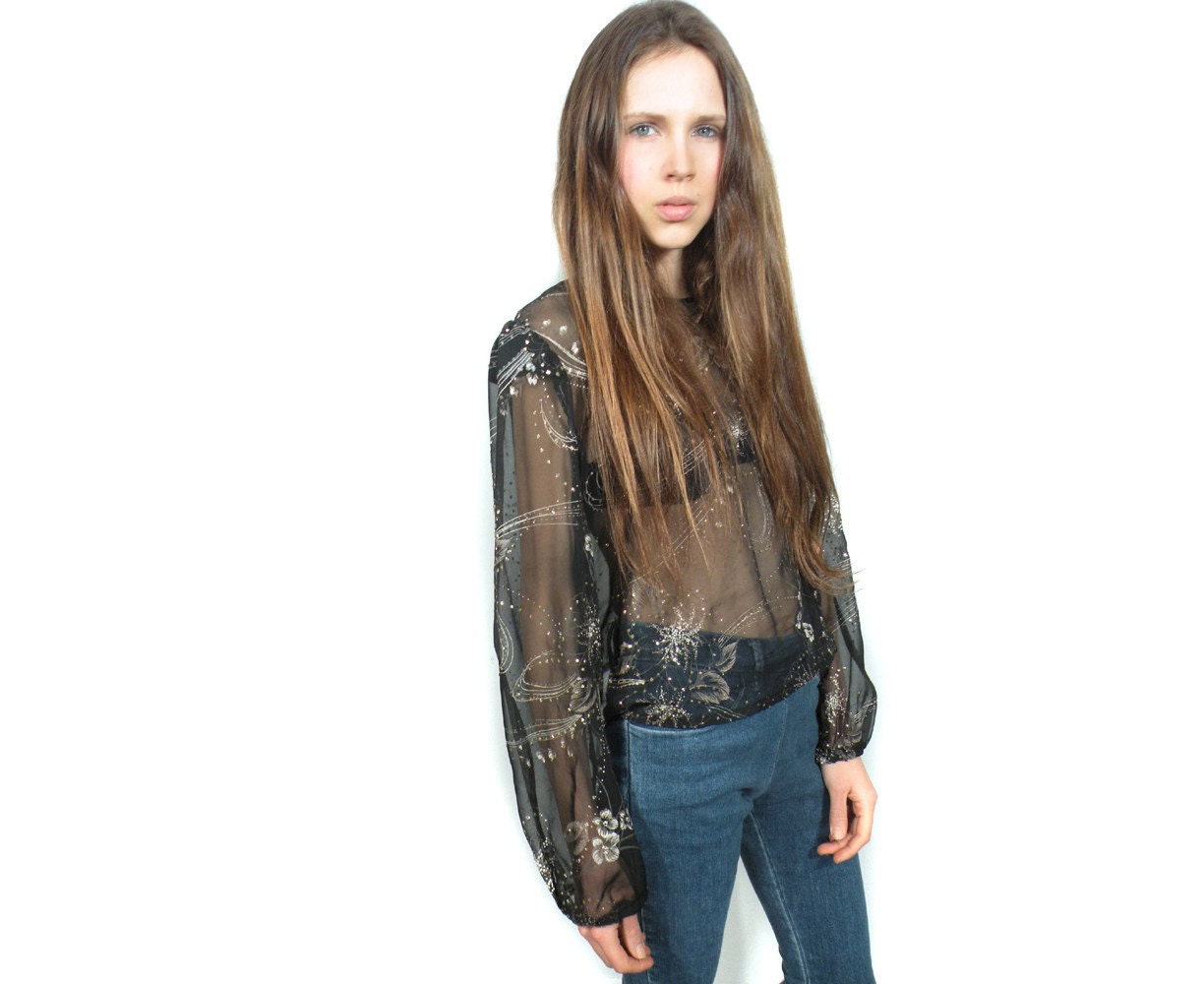 SALE - Vintage black sheer gypsy Blouse / Medium Small