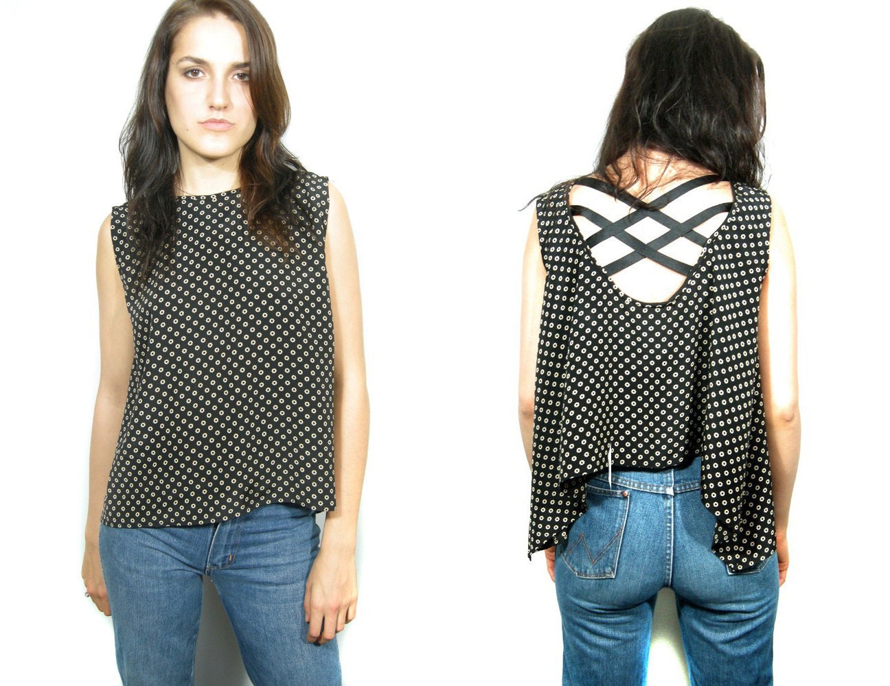 Open back vintage print tank S/M