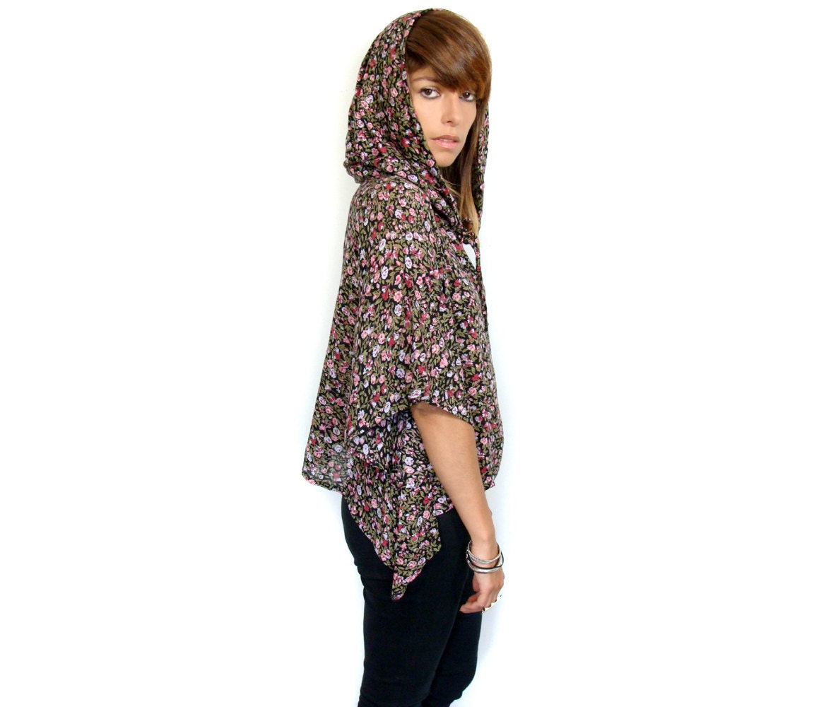 SALE - Hoody handmade floral boho cape blouse Small / Medium