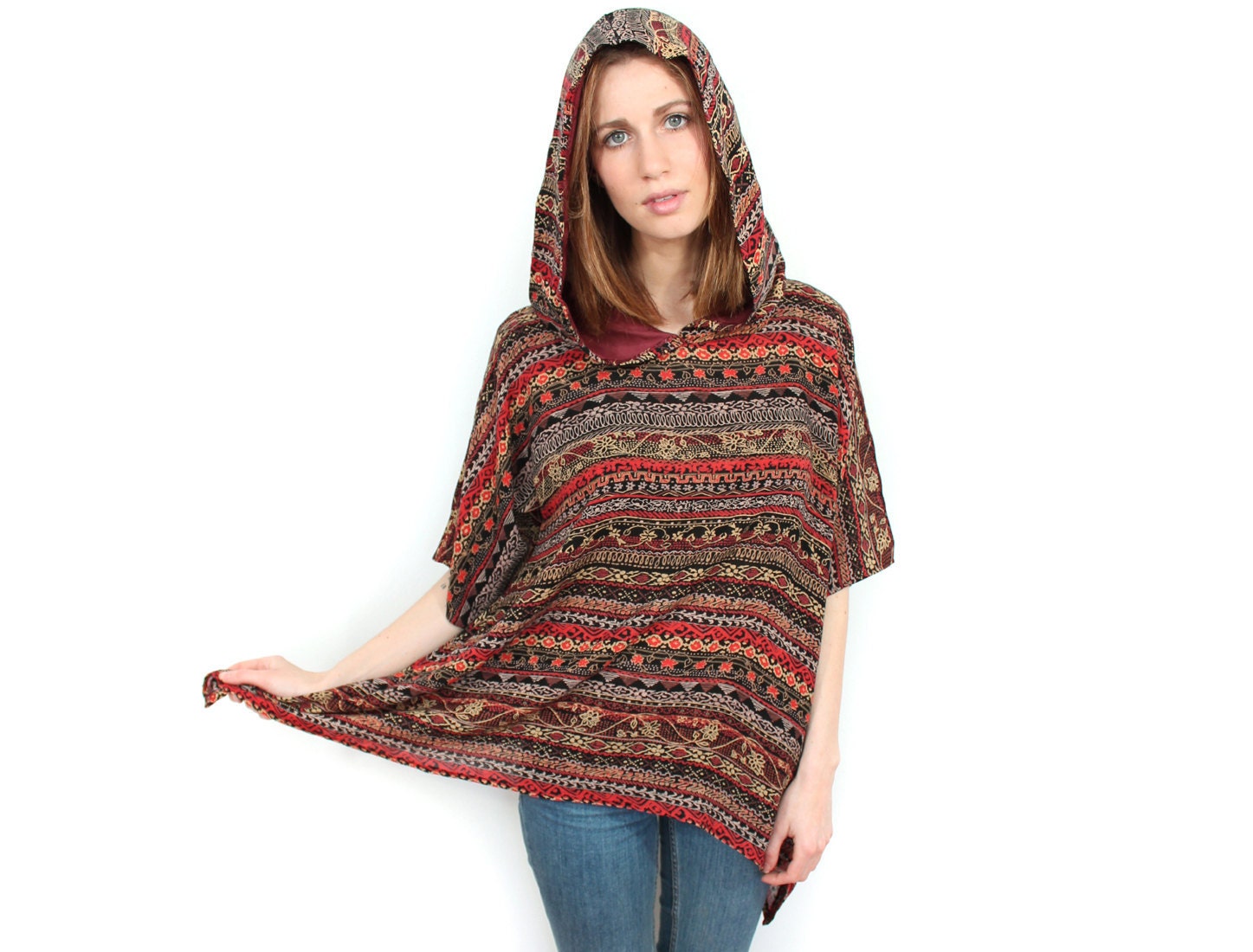 Boho hoody hooded print blouse Small / Medium