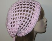 Light Pink and White Mesh Slouchy Beanie Dread Tam Snood Crocheted Hat