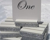 SALE-White Wood Table Number Holders trimmed with a crystal wrap- Set of 24
