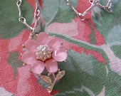 Pink Petals Rhinestone Flower Pendant Necklace