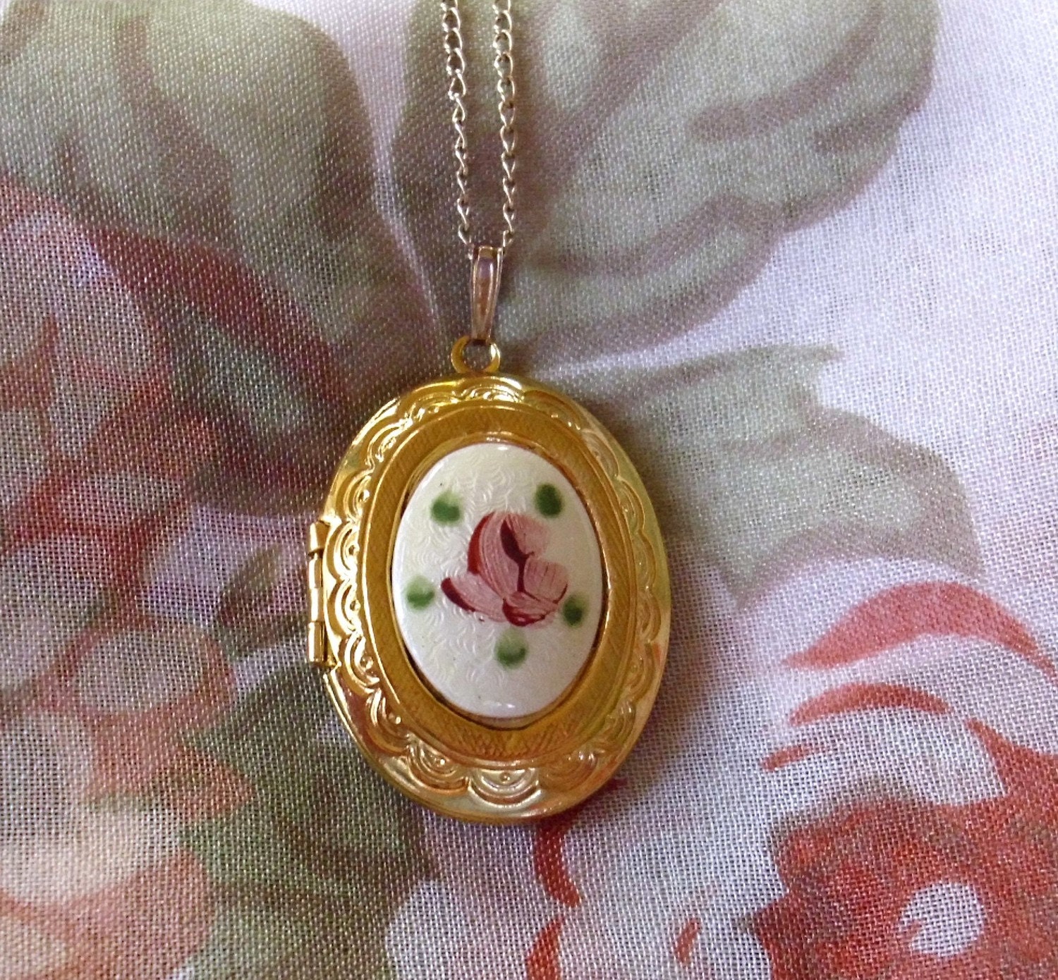 Vintage Rose Guilloche Locket Necklace