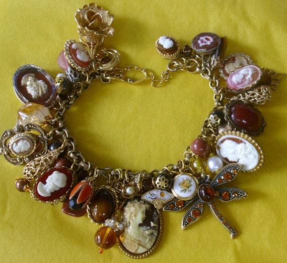 Amber Tiger's Eye Goldstone CAMEO Charm Bracelet Vintage EclEcTic Original