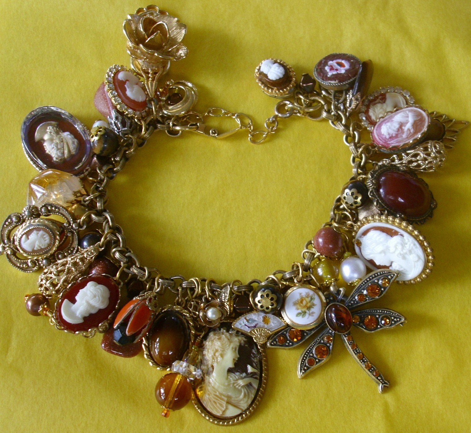 Amber Tiger's Eye Goldstone CAMEO Charm Bracelet Vintage EclEcTic Original