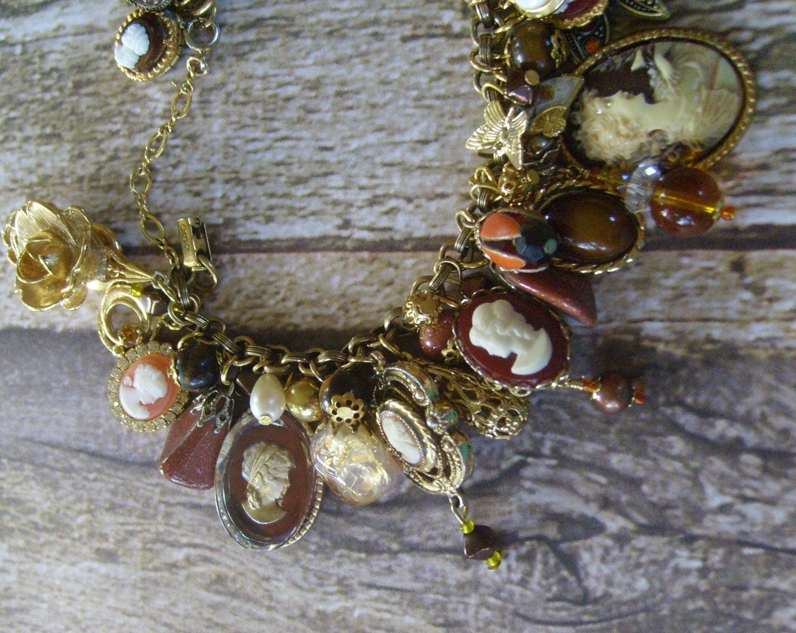 Amber Tiger's Eye Goldstone CAMEO Charm Bracelet Vintage EclEcTic Original