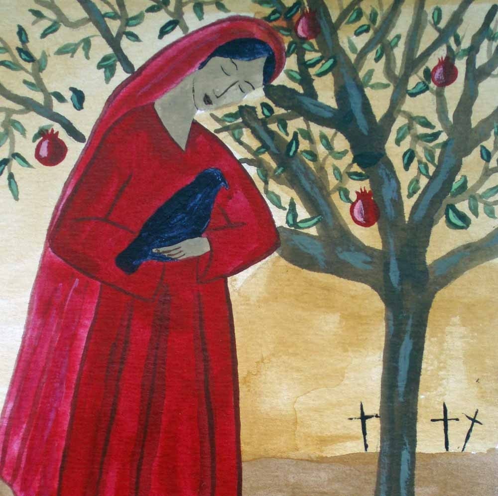 Mary Magdalene with crow and pomegranate tree
