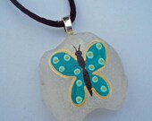 Handpainted Butterfly on Beach Glass Pendant
