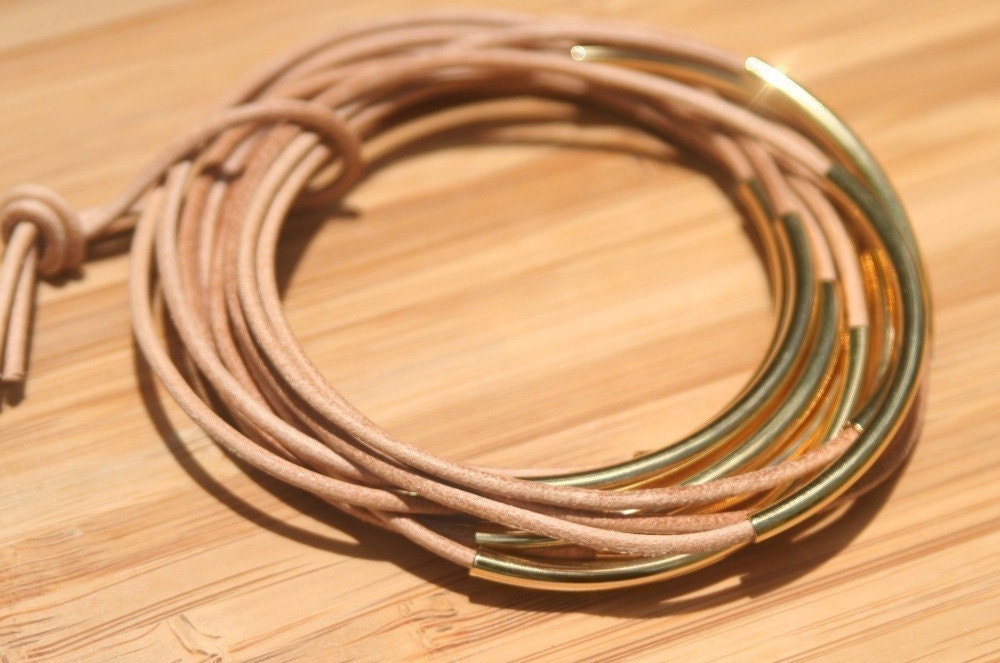 Nude Natural Leather Cord Bangles With Gold Plated Tubes
