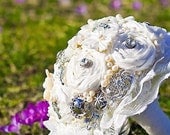 Bridal bouquet FAIRY TALE - dupioni silk rolled rosette , lace, pearls and vintage jewels. Vintage inspired .Made to order