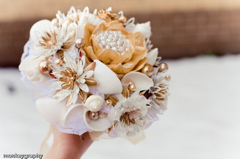 Bridal brooch unique bouquet  WATER LILY - wedding keepsake made with vintage brooches, earrings, seashells - gold ivory white