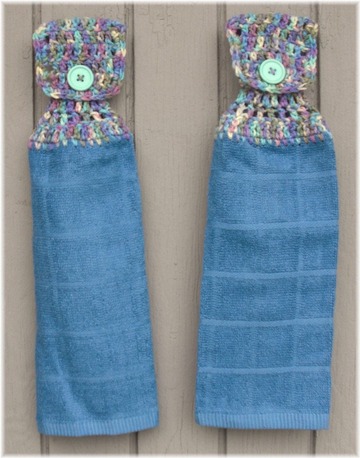 Hanging Kitchen Towel Blue with Variegated Top Matching Pair