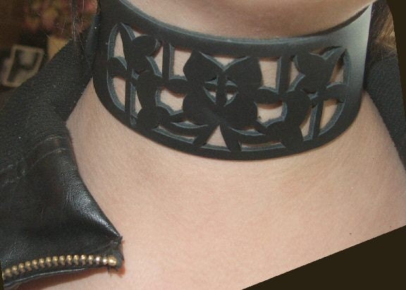 Black Leather Choker Collar Necklace- Cathedral Design Gothic