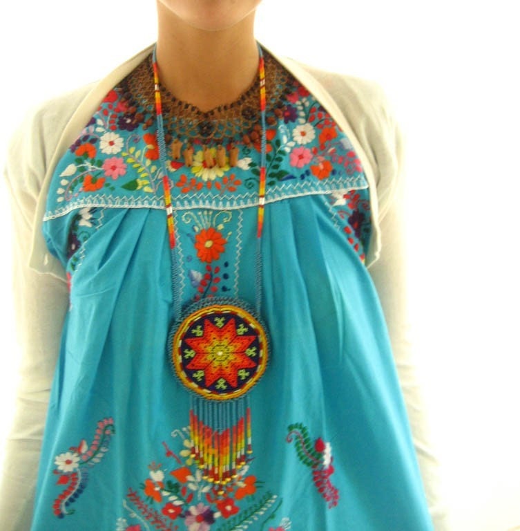 Mexican embroidered dress tunic Turquesa colorful vintage hand embroidered