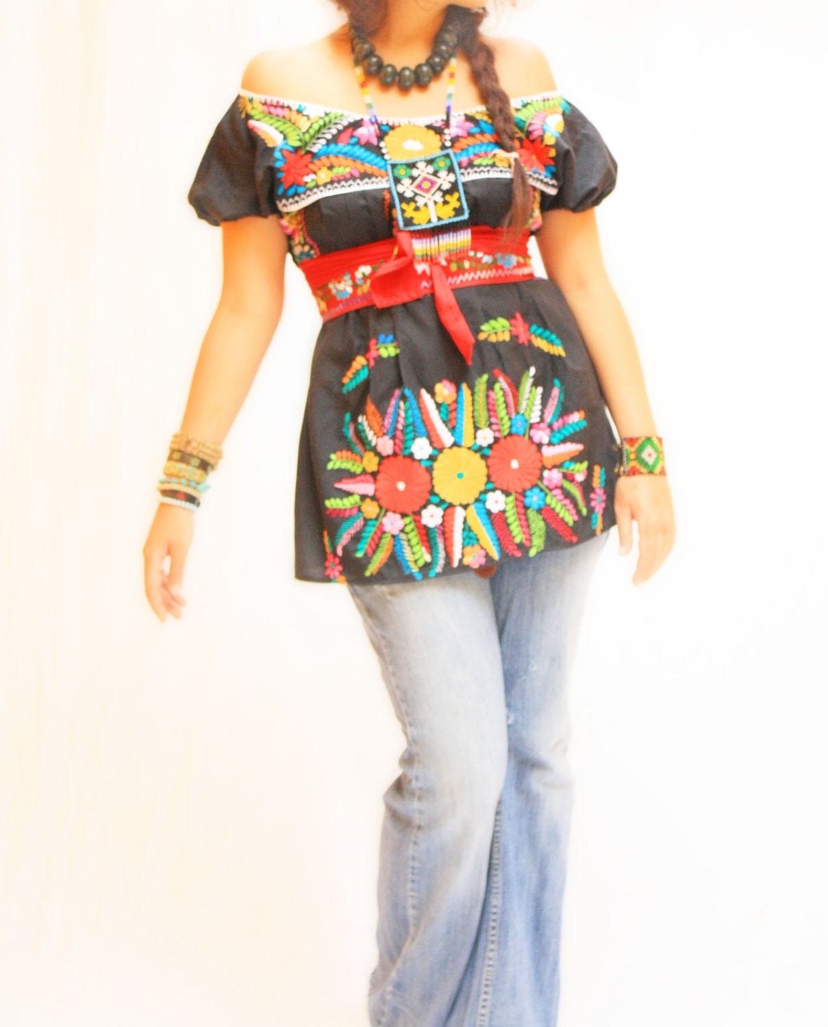 Citlalli Mexican embroidered dress black mini dress floral boho embroidery tunic