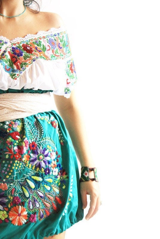 Peacock Mexican vintage embroidered bubble skirt deep teal