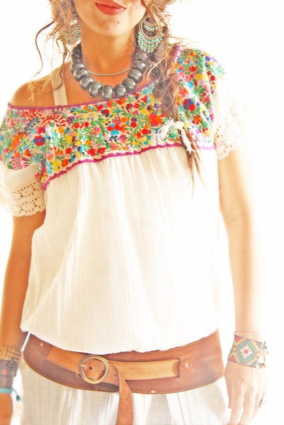 Mariana Mexican embroidered blouse intricate floral crochet off shoulder neck