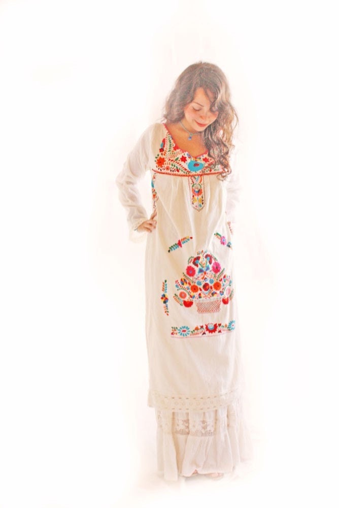 Belen vintage Mexican long bell sleeve maxi dress crochet natural cotton